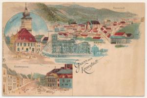 1899 (Vorläufer) Brassó, Kronstadt, Brasov; Rathaus, Klostergasse, Villa Kertsch. Verlag von Wilh. Hiemesch / Városháza, Kolostor utca, látkép, nyaraló / town hall, street, general view, villa. Art Nouveau, litho (kis szakadás / small tear)
