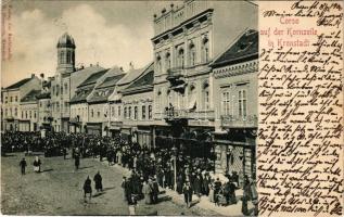 1900 Brassó, Kronstadt, Brasov; Corso auf der Kornzeile / Búzasor, Servatius &amp; Graef, Victor Stehlik üzlete, piac. W. Hiemesch kiadása / street view, shops, market (EK)