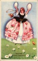 Húsvéti üdvözlet, olasz művészlap hölgy tojásokkal / Easter greeting. Italian lady art postcard. Ballerini &amp; Fratini 200. s: Chiostri