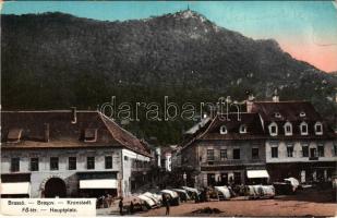 1926 Brassó, Kronstadt, Brasov; Fő tér, Carl Dendorfer, Moritz Krauss üzlete, piac / Hauptplatz / main square, shops, market (kopott sarkak / worn corners)