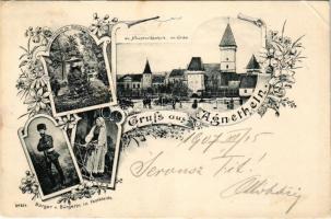 1907 Szentágota, Agnetheln, Agnita; Ev. Hauptvolksschule, Ev. Kirche, Fronius-Denkmal im Schulgarten, Bürger u. Bürgerin im Festkleide / Evangélikus iskola és vártemplom, Fronius emlékmű az iskola kertjében, erdélyi folklór. M. Lang és fia kiadása / Lutheran school and castle church, monument in the school garden, Transylvanian folklore. Art Nouveau, floral (EB)