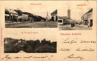 1903 Zsibó, Jibou; Rákóczi utca, Róth üzlete, Kossuth utca, Báró Wesselényi kastély. Judovits Sámuel kiadása / street view, shop, castle (ragasztónyom / glue mark)
