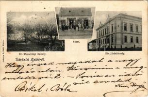 1906 Zsibó, Jibou; Báró Wesselényi kastély, Kir. Járásbíróság, Fő tér, Kardos, Judovits Sámuel üzlete és saját kiadása / castle, district court, main square, publisher's shop (gyűrődés / crease)