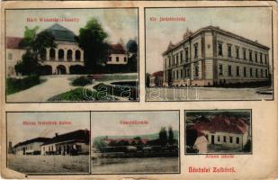 1909 Zsibó, Jibou; Báró Wesselényi kastély, Kir. Járásbíróság, Merza testvérek üzlete, vasútállomás, vonat, állami iskola / castle, district court, shop, railway station, train, school (EK)