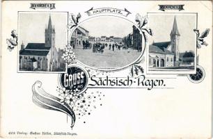 Szászrégen, Sächsisch-Regen, Reghin; Ev. Kirche, Hauptplatz / Evangélikus templom, Fő tér. Gustav Rösler 4578. / Lutheran church, main square. Art Nouveau, floral (EB)