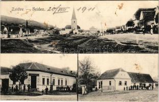 1911 Zsidve, Seiden, Jidvei; mozaiklap 3 képpel: utcakép, gyógyszertár. Anitta (Wien) / multi-view postcard with 3 images: street, pharmacy + "SÓVÁRAD - BALÁZSFALVA 266. SZ. A" vasúti mozgóposta bélyegző (fl)