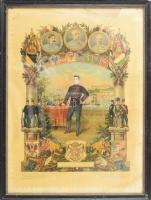 cca 1890-1900 ,,Szolgálati időm emlékül." Nagyméretű, színes litho emléklap, Ferenc József, Ferenc Ferdinánd és Frigyes főherceg arcképével, a Lánchíd és a budai királyi palota látképével díszítve. Bp., Leitner M. L. és Fia, sérült, a lap tetején hiánnyal, egyik sarkán ázásnyommal, 49x36 cm. Üvegezett fakeretben. Fenyédi (Székelyudvarhely mellett, Hargita megye) lakos hagyatékából.