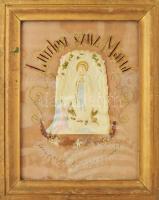 Szűz Mária lourdes-i jelenése. Apácamunka, cca 20. sz. eleje, üvegezett fa keretben, 50x40 cm