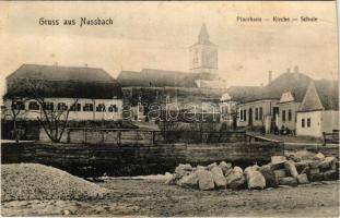 1910 Szászmagyarós, Nussbach, Maierus; Pfarrhaus, Kirche, Schule. Verlag A. Jobi / plébánia, templom, iskola / parish, church, school (vágott / cut)