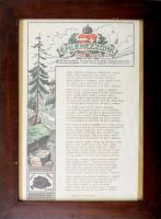 cca 1918-1920 ,,Emlékezzünk - M. kir. soproni 18. honvéd gy.e. ojtoz-i dicső győzelmei évfordulójára - Irta: Futo Dezső főhadnagy." A. m. kir. soproni 18. honvéd gyalogezred emléklapja az ojtozi csata (Ojtozi-szoros, román front, 1917. augusztus) évfordulója alkalmára, háborús témájú verssel, magyar címert és irredenta ábrázolást (,,Nem! Nem! Soha!") tartalmazó grafikával. Üvegezett fakeretben, 33,5x22 cm, keret: 40,5x31 cm