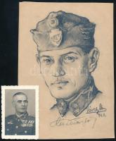 1921 és 1941 Pérely Imre (1898-1944) festőművész korai grafikája Cicatricis Miklósról és egy későbbi fotó Cicatricis Miklós határvadász századosról, 8,5×6 és 21,5×15,5 cm