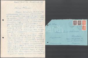 1952 Estoril, 1952. XII. 10., vitéz nagybányai Horthy Miklós (1868-1957) saját kézzel írt levele, aláírásával, Halmai Jenőnek Münchenbe. "Mi itt rendben megvagyunk, egészségileg rendben, csak - tekintettel a létért küzdő honfitársainkra - rossz a lelki ismeretem, hogy - mások jóvoltából egyelőre legalább - gondnélkül. - És a leszámolás, melyet józan ésszel biztosra kellett venni késik! A nyugati hatalmak békevágyukat hangoztatják és védekezésre rendezkednek be, hiszen minket sem nagyon izgat, ha China, a Malay félsziget vagy Tibet szenved. A Szovjet meg bolond volna, ha most Európában támadna, a nélkül is elér mindent amit akar. ..." A szélén két lyukkal, hajtott, eredeti borítékkal.