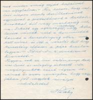 1952 Estoril, 1952. XII. 10., vitéz nagybányai Horthy Miklós (1868-1957) saját kézzel írt levele, al...