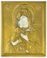 Mária a kisdeddel ikon réz okládja, fa lapon, 13x11 cm