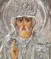 Ikon - Szent Miklós. Ezüstözött réz okláddal, 18x14 cm