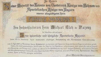 1880 Bécs, I. Ferenc József által kibocsátott kamarási kinevezés Michael Elek de Pazony részére, fel...