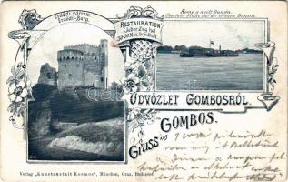 1899 (Vorläufer) Gombos, Bogojeva; Erdődi várrom, Komp a nyílt Dunán / Erdődi-Burg, Überfuhr-Plätte auf der offenen Donau. Verlag Kunstanstalt Kosmos / castle, ferry. Art Nouveau, floral (EB)