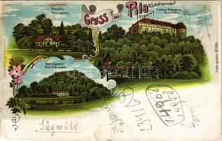 1911 Gidrafűrész, Pila bei Schattmannsdorf, Sägmühl, Píla (Cseszte, Castá); Bolla nyári lak, Felső fűrészmalom, Vöröskő vára / Schloss Bibersburg, Obere Sägemühle / Cerveny Kamen Castle, Villa Bolla, sawmill. J. Horovitz (Nagyszombat) Art Nouveau, floral, litho (r)