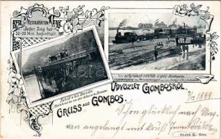 1899 (Vorläufer) Gombos, Bogojeva; Fahíd a Kis Dunán, vasúti híd, személyvonat rátétele a gőz-kompra, gőzmozdony, vonat. Storch E. (Bécs) / Holzbrücke an der kleinen Donau, Unterbringung des Personenzuges auf die Dampf-Überfuhrplätte / wooden railway bridge, steam ferry, locomotive. Art Nouveau, floral (fl)