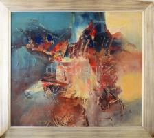 Kiss Elek (1938-1995): Majdnem lovas kompozíció. Olaj, farost. Jelezve jobbra középen, hátoldalán Képcsarnok Vállalat címkéjén feliratozott. Apró felületi sérüléssel. Dekoratív, kissé sérült fakeretben. 80x90 cm. KIZÁRÓLAG SZEMÉLYES ÁTVÉTEL, NEM POSTÁZZUK / ONLY PERSONAL COLLECTION IN OUR OFFICE!