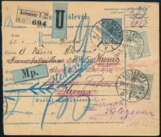 1909 Csomagszállító Kolozsvárról Ausztriába, majd visszaküldve / Parcel card to Austria, returned "KOLOZSVÁR"