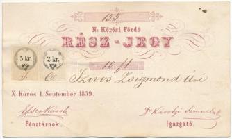 Nagykőrös 1859. "N: Körösi Fördö (Nagykőrösi Fürdő)" névre szóló, 10Fl értékű részjegye, illetékbélyeggel, kartonlapra kasírozva T:XF,VF / Hungary / Nagykőrös 1859. "N: Körösi Fördö (Nagykőrösi Fürdő)" share about 10 Florins, glued on cardboard C:XF,VF