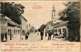 1903 Futak, Ó-Futtak, Futtak, Futog; Hauptgasse. Verlag Moritz Schwartz / Fő utca, cipőüzlet / main street, shoeshop (gyűrődések / creases)