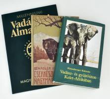 3 db vadászattal kapcsolatos könyv: Kittenberger Kálmán: Vadász- és gyűjtőúton Kelet-Afrikában. Bp., 1985, Kentaur Könyvek. Számos fekete-fehér fotóval. Kiadói kartonált papírkötés, sérült papír védőborítóval. + Nadler Herbert: Cserkészeten és lesen Nagymagyarországon. Vadászati elbeszélések eredeti fényképfelvételekkel. Lektorálta és az utószót írta: Homonnai Zsombor. A könyv a Franklin Társulat 1926-ban megjelent kiadása alapján készült. Bp., 1990, Népszava. Kiadói kartonált papírkötés. + Millenniumi Vadászati Almanach. Magyarország 2001. H.n., 2001, Dénes Natur Műhely Kiadó. Szerk.: Fáczányi Ödön. Kiadói műbőr-kötésben, számos fekete-fehér és színes illusztrációval.