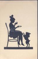 Sziluett, nő kutyával, Silhouette, lady with dog