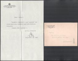 1942 Bp., Jáky József (1934-ig Janicsek) (1893-1950) közlekedésmérnök, talajmechanikus, egyetemi tanár, az MTA tagja, a M. Kir. József Nádor Műszaki és Gazdaságtudományi Egyetem (Műegyetem) vasútépítés és földművek tanszéke (később geotechnikai tanszék) vezetőjének gépelt köszönő levele Kádas Kálmán (1908-1985) gépészmérnök, közgazdász részére, Jáky József autográf aláírásával, vízjeles papíron, eredeti borítékkal