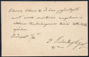 1880 Cselfalvi és lubóczi Pulszky Ágost (1846-1901) jogfilozófus, szociológus, politikus, publicista autográf sorai, aláírásával saját névjegykártyáján.