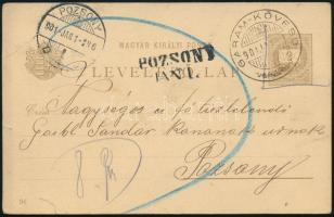 1901 Késői felhasználású 2kr díjjegyes millenniumi levelezőlap 8f portóval (saroktörés) / Late use 2kr PS-card "GARAM-KÖVESD" - "POZSONY" (folded corner)