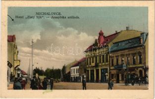 Nagymihály, Michalovce; Hotel Zlaty byk / Aranybika szálloda, üzletek. Alexander Halász Photogr. / hotel, shops (b)
