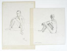 Olbert Mariann (1973-), 2 db rajz: Férfi aktok. Ceruza, papír. Jelzett. Kartonra kasírozva. Egyiken kisebb szakadással. 35x25 és 29x25 cm