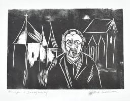 Olbert Mariann (1973-): Hommage a Dosztojevszkij. Linómetszet, papír. Jelzett. 21x29,5 cm
