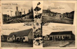 1909 Molna, Molve; Zupina crkva, Gostiona F. Spitzera, Trgovina Samuel Spitzera, Trgovina F. Spitzera / templom, F. Spitzer vendéglője és üzlete, Samuel Spitzer üzlete / church, inn, shops. Floral (fl)