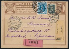 Szovjetunió; 1928 Díjjegyes, ajánlott expressz levelezőlap díjkiegészítéssel Németországba Soviet Un...