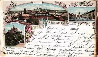 1898 (Vorläufer) Varasd, Warasdin, Varazdin; Hauptplatz, Schloss Trakostyán / Fő tér, vár / main square, castle. Karl Schwidernoch Art Nouveau, floral, litho (vágott / cut)