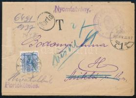 1937 Pécs helyi nyomtatvány "Ismeretlen" címkével visszaküldve, 2f portóval / Local printed matter, returned with 2f postage due