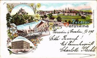 1898 (Vorläufer) Varasd, Warasdin, Varazdin; Trakoscan, Trg Franje Josipa, Kazaliste / Schloss Trakostyán / Ferenc József tér, vár, színház / square, castle, theatre. Art Nouveau, floral, litho (EK)