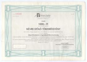 Budapest 1997. "Budapesti Ingatlan Hasznosítási és Fejlesztési Rt." törzsrészvénye 1000Ft-ról szárazpecséttel, szelvényekkel T:AU