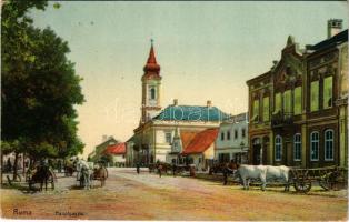 1913 Árpatarló, Ruma; Hauptgasse / Fő utca, templom, piac. A. Wagner (R. Weninger) kiadása / main street, church, market (fl)