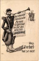 Die ruhmreiche französische Armee ist gerüstet bis auf den letzten Gamaschenknopf - bloss Stiebel hat se nich! / WWI German military, anti-French mocking propaganda art postcard s: H. Zahl (EB)