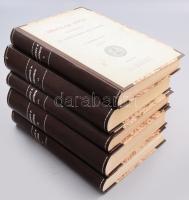 Szendrei János: Miskolcz város története és egyetemes helyirata I-V. köt.   I. köt.: Miskolcz város helyirata, természeti viszonyainak leírása és őstörténelme.;  II. köt.: Miskolcz város története 1000-1800.;  III.köt.: Oklevéltár Miskolcz város történetéhez 1225-1843.; IV-V. köt.: Miskolcz város története 1800-1910.;  Miskolcz, 1886-1911., Miskolcz Város Közönsége,[Forster Rezső-Klein és Ludvig-Stephaneum -ny.], 1 (címkép) t. + 435+1 p. + 2 (fekete-fehér képtáblák) t. + 3 (térképek: ebből 2 kihajtható, amiből az egyik színes, kihajtható, litografált térkép, valamint a 3. térkép kétlapos) t.; 12+733+3 p.+5 (képtáblák, közte 1 színes) t.; VII+1+602 p.;  8+938+2 p.+ 8 (4 kihajtható, 1 színes tábla hiányzik) t.; VIII + 699 p. + 1 t.;  Átkötött modern félműbőr-kötés, az eredeti papírborítók felhasználásával, az I. kötetben az 1. kihajtható térkép sérült, kijár, a 2. kihajtható térkép a szélén szakadt, a IV. kötetből 1 színes tábla hiányzik, a kötetekben néhány felvágatlan lappal, igényesen átkötött borítóban és összeségében jó állapotban.