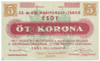 Csót / Hadifogolytábor 1916. augusztus 1. 5K sor- és sorozatszám nélkül T:AU / Hungary / Csót / POW Camp August 1st, 1916. 5 Korona without series and serial number C:AU Adamo HHC-1.4