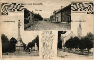 1915 Leibic, Leibitz, Lubica; Szentháromság szobor, Fő utca, evangélikus templom. Millán József kiadása / Holy Trinity monument, main street, Lutheran church. Art Nouveau, floral (gyűrődések / creases)