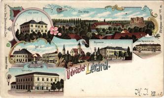 1899 (Vorläufer) Léva, Levice; Kórház, Báti út, látkép, vár, főgimnázium, Takarékpénztár, Hitelintézet háza, Nyitrai és Társa könyv és papírkereskedése 4141. / hospital, street view, general view with castle ruins, grammar school, savings bank, loan bank, shop. Art Nouveau, floral, litho (EM)