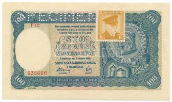Szlovákia 1940. 100K II. kiadás "SPECIMEN" (minta) perforációval, csehszlovák bélyeggel, "F 10 935686" T:AU / Slovakia 1940. 100 Korun II. Emisia with "SPECIMEN" perforation with Czechoslovak stamp, "F 10 935686" C:AU Krause 11.s
