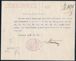 1917 Dunai Flottila S.M.S. Temes I. igazolás matróz részére. Nagyon ritka hajóbélyegzésekkel Négy sarkánál lapra ragasztva  Danube Fleet S.M.S. Temes I. Typewritten confirmation that k.u.k. One-Year Volunteer Engineer R.M. Vetter worked five hours a day during most of April 1917 on board S.M.S. Temes I. Herr Vetter also worked on S.M.S. Enns (q.v.) in 1918. Signed by the commanding officer in Budapest on May 2, 1917. K.U.K. KRIEGSMARINE * S.M.S. TEMES * Kalis/Kohl No. 4 [type DO 1a] red? and S.M.S. ?TEMES I.?  Kalis/Kohl No. 2 [type DL 1cR].