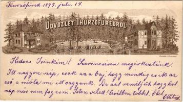 1897 (Vorläufer!) Thurzófüred, Kupele Turzo (Gölnicbánya, Gelnica); fürdő, nyaralók. Vasvári L. / spa, villas. Art Nouveau, litho (13,8 cm x 7,8 cm)